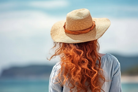 Rear back view ginger haired lady in straw hat enjoying summer day by sea shore. AI generative.の素材