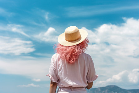 Rear view of enjoying woman by sea shore. Unrecognizable pink haired lady in straw hat portrait. AI generative.の素材