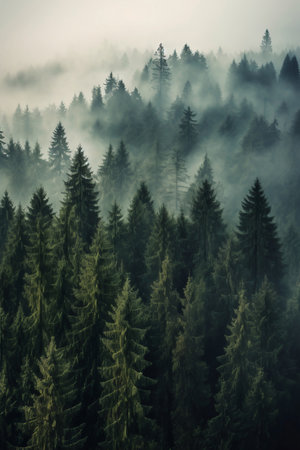 Inspirational landscape of majestic foggy pine trees forest. AI generated.の素材