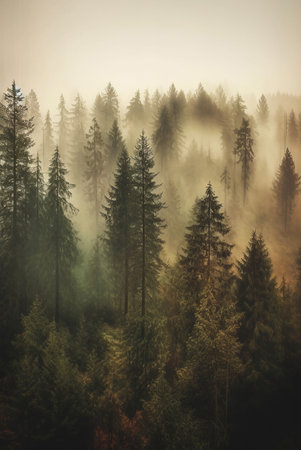 Inspirational landscape of majestic foggy pine trees forest. AI generated.の素材