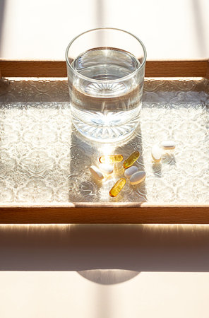 Various dietary supplements and glass of water. Wellbeing and health care concept.