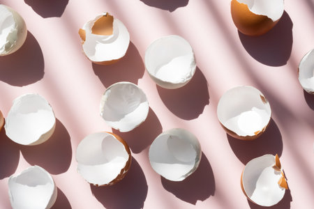 Cracked eggshells flat lay. Springtime easter background.