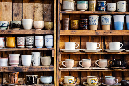 Various pottery ceramic displayed on wooden shelves at store.