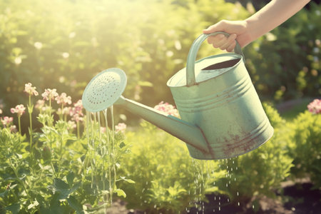 Woman with watering can in garden. AI generated.の素材