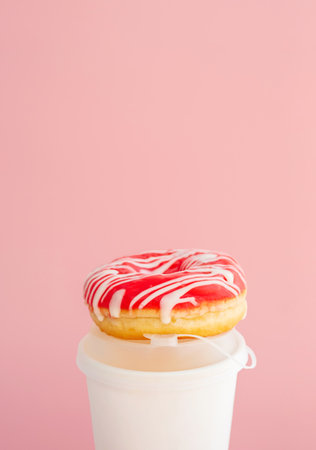 Donut with pink icing and white stripes rests on takeaway coffee cup.の写真素材