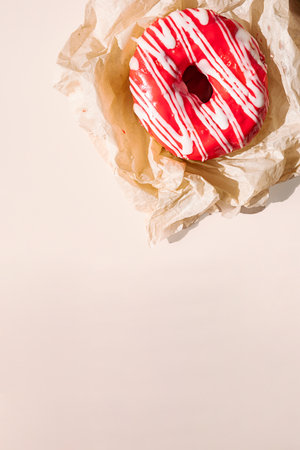 Pink glazed donut with white drizzle on crumpled parchment paper.の写真素材
