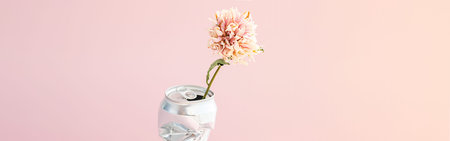 Delicate wilted flower in crushed soda can be used as vase.