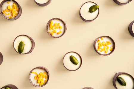 Yummy candies on beige. Sweet background.の写真素材