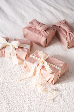 Set of presents wrapped in sustainable cloth.の写真素材