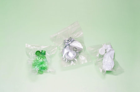 Crushed aluminum cans and plastic bottles vacuum-sealed, symbolizing the urgent environmental waste crisis.の写真素材