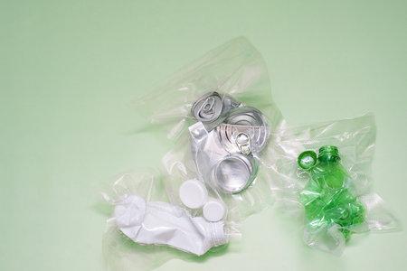 Crushed aluminum cans and plastic bottles vacuum-sealed, symbolizing the urgent environmental waste crisis.の写真素材