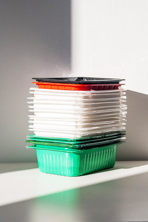 Pile of disposable plastic food containers ready for sorting and recycling.の写真素材