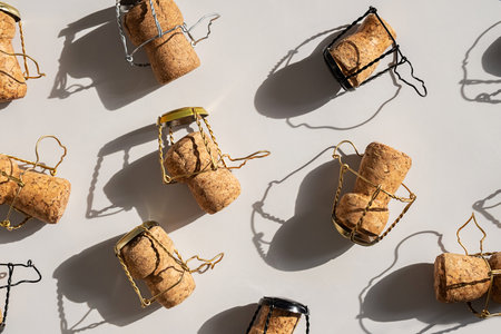 Champagne Corks With Wire Muselets In Hard Light.の写真素材