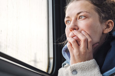 Contemplative Woman Gazing Through Train Window, Journey Reflection.
