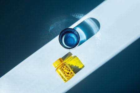 Yellow Bottle Filled with Pills and Blue Glass of Water with Harsh Shadow. Wellness and Health Care concepts.の写真素材