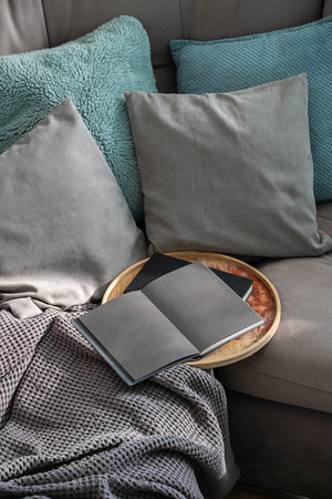 Cozy Living Room Scene Featuring a Gray Sofa with Decorative Pillows, Soft Blanket and an Open Book on Wooden Tray.の写真素材