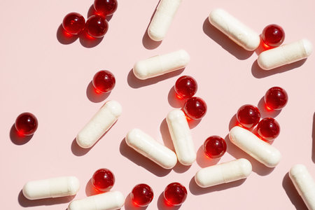 Capsules and Oil Pills Scattered on Pink Background. Medical Supplies or Vitamin Supplements for Health.の写真素材