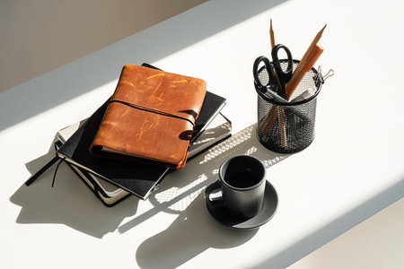 Natural Light Illuminates the Office Desk with Notebooks, Pen Holder and Coffee Cup. Modern Workspace Scene.の写真素材