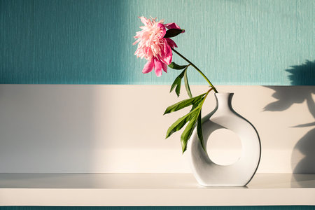 Single Pink Peony Flower in a Modern Vase on Shelf. Floral Composition for Home Decor.の写真素材