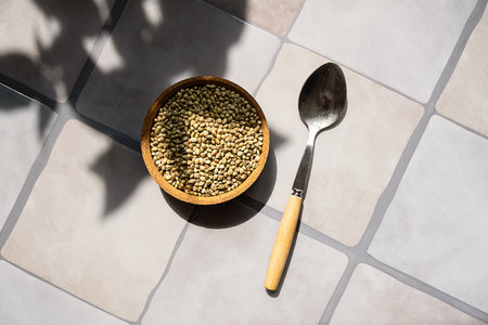 Bowl of Organic Raw Hemp Seed and Spoon. Healthy Superfood with Cannabis Seed for Nutrition and Dietary Needs.の写真素材