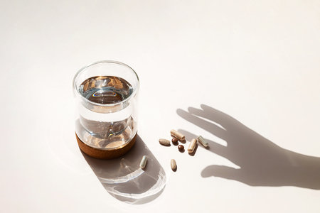 Glass of Water, Dietary Supplements and Pills with Hand Shadow. Health and Wellness Concepts.の写真素材