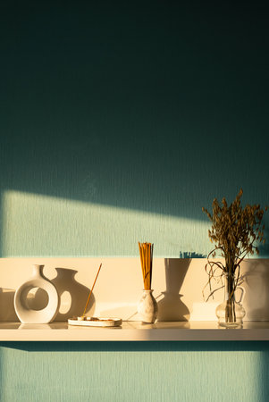 Shelf with Decor Items and Burning Incense Stick, Natural Light and Long Shadows. Relaxation and Meditation Concept.の写真素材