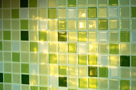 Green Glass Tile Mosaic Close Up. Abstract Square Wall Texture With Natural Light.の写真素材