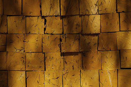 Stack of cut logs forming solid wall, timber abstract texture backdrop. Concept for wood material industry or natural resource.の写真素材