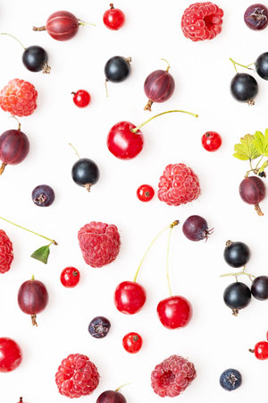 Mixed fresh garden berry background. Red, black and maroon berries. Natural food ingredients.の写真素材