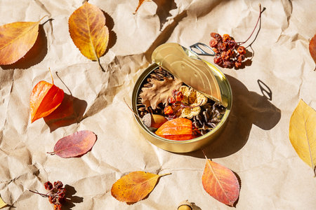 Top view of tin can be filled with autumn harvest elements on crumpled brown paper. Creative decorative composition for fall.の写真素材