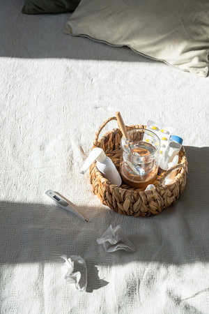 Medication basket with pills, glass of water, thermometer and used tissues on white bed. Sick day at...