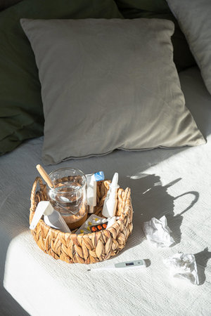 Wicker basket with medications, water glass and thermometer on white bedspread. Cold and flu...
