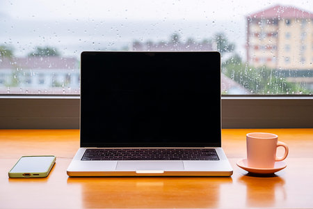 Laptop with blank screen, smartphone and coffee cup on wooden table. Remote work setup on rainy day....