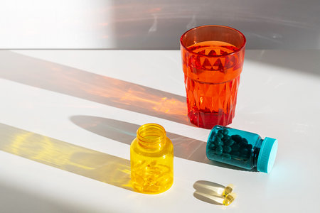 Orange glass with water and vitamin bottles. Healthcare concept with colorful pills for daily...