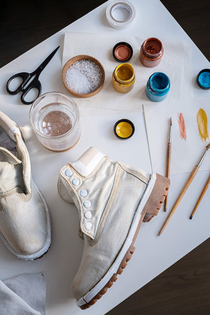 White shoe, paint bottles, and brushes for shoe customization project. Diy handmade footwear art...
