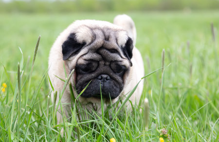 Portrait of a beige pug walking in the fresh green grass on the lawnの写真素材