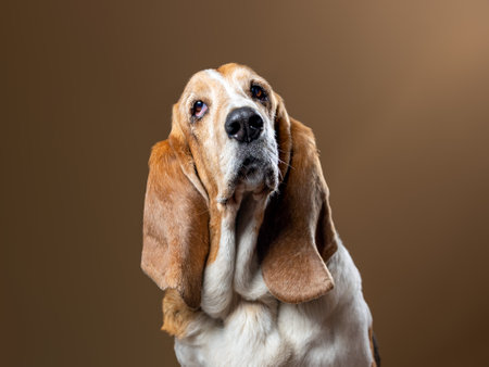 Close-up portrait of a basset hound in front of a brown backgroundの写真素材