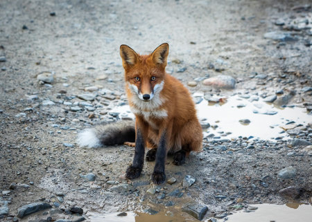 Portrait of a young fox sitting on a dirt road