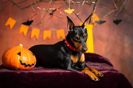 A miniature pinscher lies on a table next to a pumpkin in Halloween decorationsの写真素材
