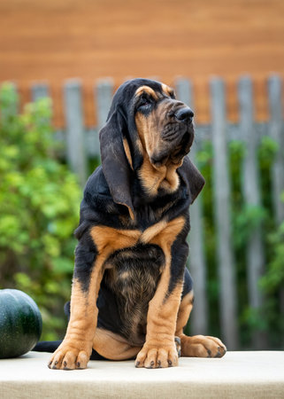 Close-up portrait of a black and tan bloodhound puppy posing while sitting on a table outdoors in the summer seasonの写真素材