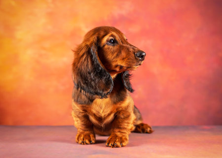 Portrait of a long-haired red dachshund puppy sitting on a table on a red background and looking to the sideの写真素材