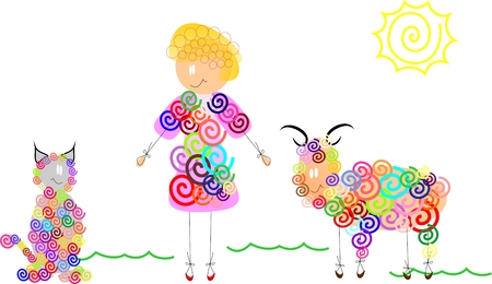 girl, cat and sheepのイラスト素材