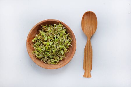 microgreen on a white background on wooden plate. Healthly foodの写真素材