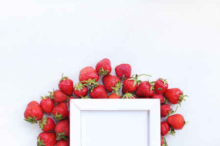 Healthy strawberry isolated on white background frame for text. Copy space. Top view, High resolution product.の写真素材