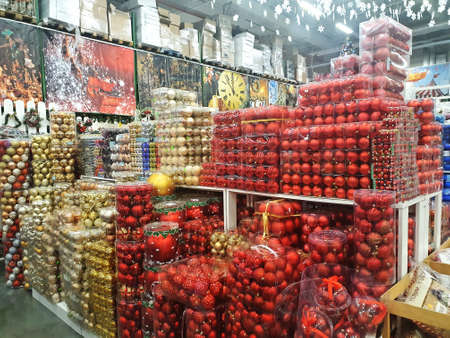Ukraine, Mariupol, 22.11.21 Christmas decorations and toys on sale in a supermarketの写真素材