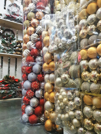 Ukraine, Mariupol, 22.11.21 Christmas decorations and toys on sale in a supermarketの写真素材