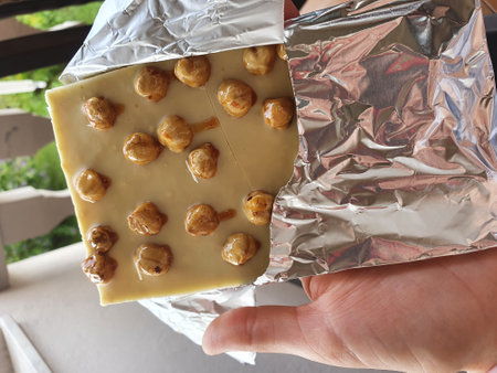 a female hand holds a bar of white chocolate in foil with a whole hazelnut. Chocolate with hazelnuts and cocoa powder.Desserts and sweets.Milk chocolate with nuts .の写真素材