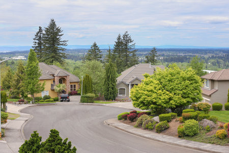 A perfect neighbourhood. Houses in suburbs at Summer in the north America. Luxury houses with nice landscape.の写真素材