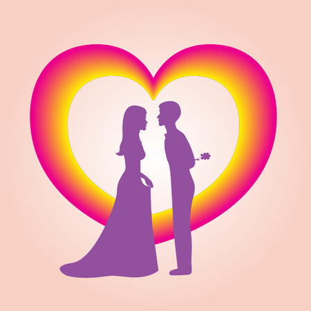 The image of heart and two people. The boy gives a flower. The in love couple under heart.のイラスト素材