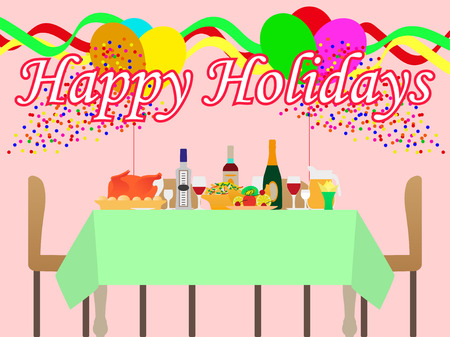 Vector illustration of a festive table and a holiday. The atmosphere of fun and celebration.のイラスト素材